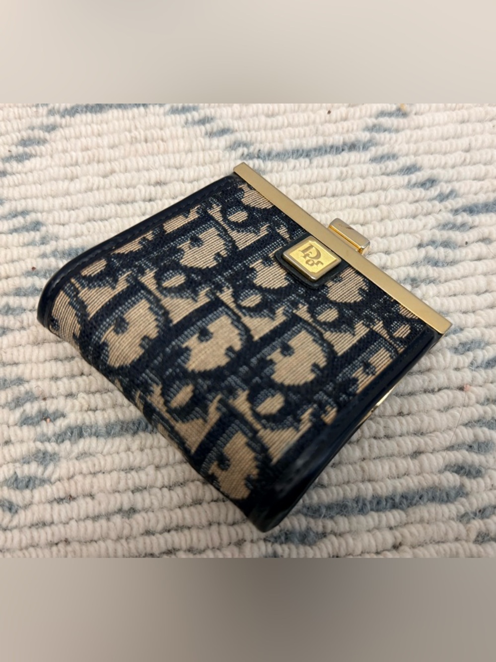 DIOR Vintage Rare Blue Trotter Monogram Canvas Kiss Lock Coin Purse W/ Gold - Picture 5 of 12